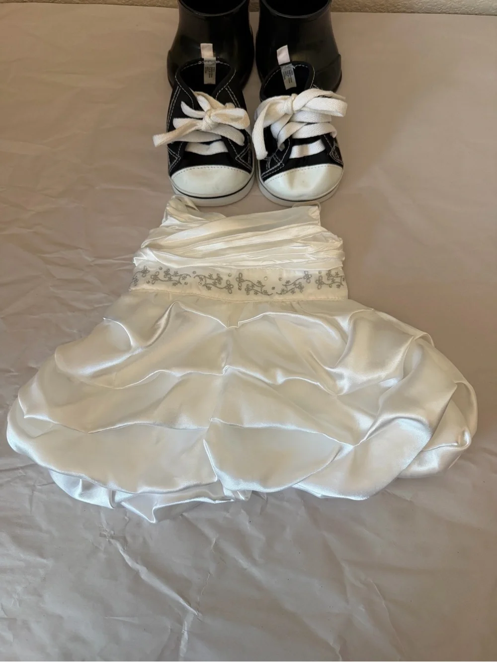 Build-A-Bear 4 piece lot Pink Faux Fur Trim Coat Wedding Dress Black Shoes-boots
